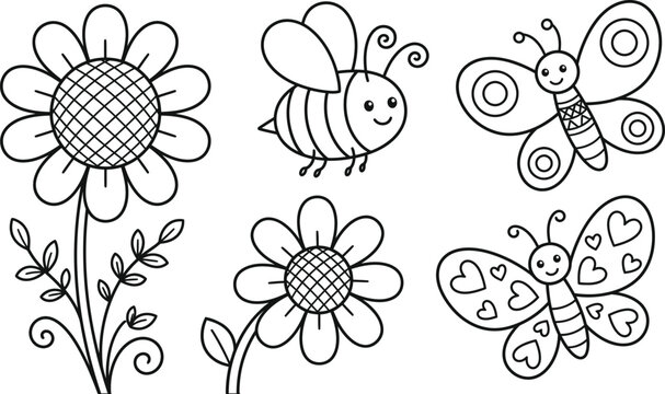 Flowers bee and butterflies coloring page line art vector set