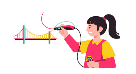 Fototapeta premium Young Girl Using a 3D Pen to Build a Colorful Bridge Model, STEM Education and Creative Technology for Children Concept Vector Illustration
