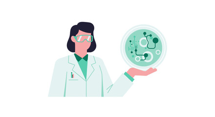 Fototapeta premium Female Scientist in Lab Coat Holding Glowing Digital Petri Dish with Biotechnology Data and DNA Circuitry Concept Illustration
