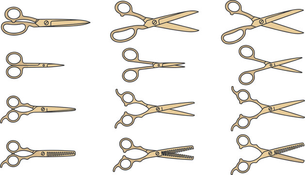 Professional hair cutting scissors and thinning shears collection vector icon set for salon