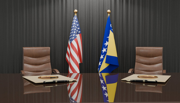 Diplomatic Table: Two chairs flank a polished table, with the flags of the United States and Bosnia and Herzegovina standing side-by-side.