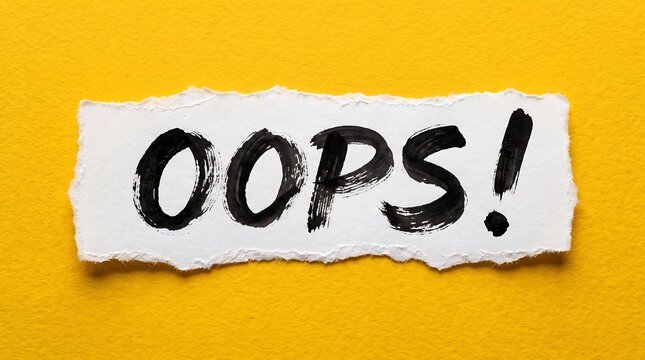 A torn white paper scrap with the word "OOPS!" in bold black ink, centered on a bright, textured yellow background. Ideal for concepts regarding mistakes, errors, surprise, or humor.