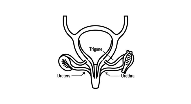 Anatomical illustration of the human urinary bladder trigone, ureters, and urethra.