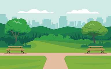 Vector illustration of a peaceful green park path with benches and trees © Md Mujahid Fakir