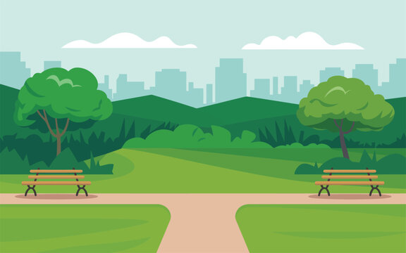 Vector illustration of a peaceful green park path with benches and trees