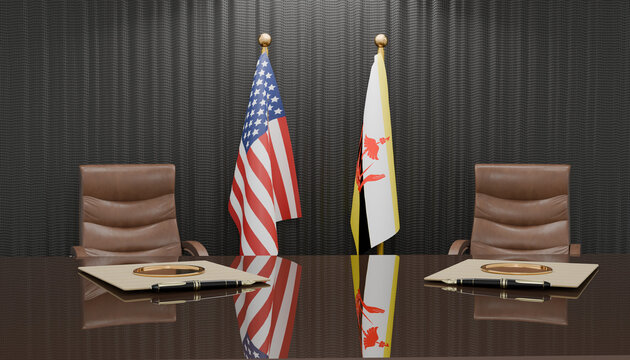 Diplomatic Meeting Setup: Two chairs and desks are set up in a formal meeting room, facing each other, with the flag of the United States and another flag beside them.