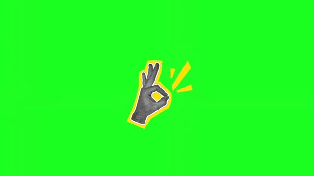 A gray hand with the middle and index finger up and the other fingers curled in, making a gesture on a green background with yellow accents