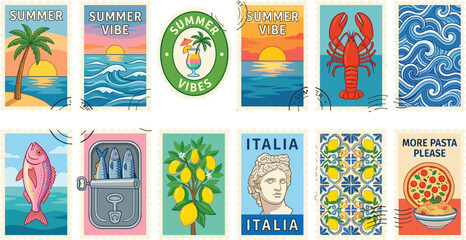 Set of vintage postage stamps with Mediterranean summer vibes travel themes and Italian food illustrations © Mahsina