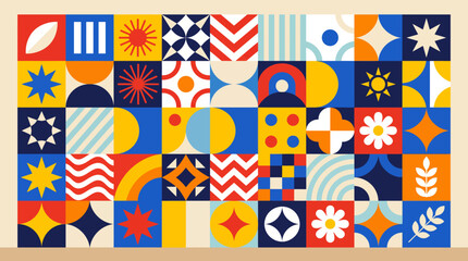 Obraz premium Colorful geometric abstract pattern background with modern retro shapes and decorative tiles