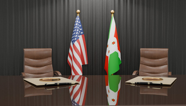 Diplomatic Meeting Room: Two flags, the United States and Burundi, stand tall behind empty chairs at a polished table, symbolizing international relations and negotiation in a formal setting.
