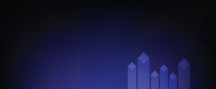 Abstract financial background featuring rising blue bar charts with arrow tips and elegant wavy lines on a dark gradient canvas with copy space.