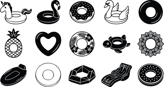 Set of fifteen black and white pool float featuring unicorn, flamingo, swan, donut, pineapple, and heart shapes on white background