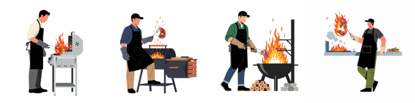 Set of professional and amateur male chefs grilling steaks over open flames on various barbecue grills, isolated vector illustrations on a white background.