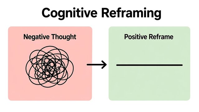Cognitive Reframing CBT Infographic, Reframing Negative Thoughts to Positive on White Background
