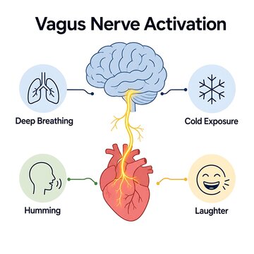 Vagus Nerve Activation Infographic, Somatic Regulation and Polyvagal Theory Diagram with Brain and Heart
