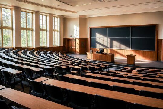 Empty lecture hall with rows of desks and a blackboard in a university setting