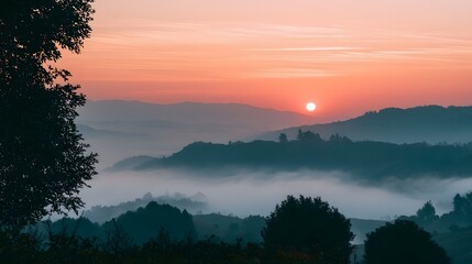 Naklejka premium Sunrise glows softly over layered hills blanketed in mist framed by silhouetted trees and atmospheric seasonal colors