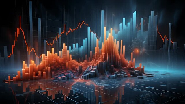 A futuristic 3D graph rises prominently on a sleek surface amidst technology and data.