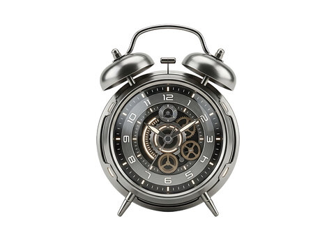 Antique Mechanical Alarm Clock With Intricate Inner Workings Visible Through Glass Face Isolated On White Background