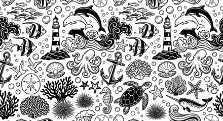 Luxury Black and White Nautical Seamless Pattern featuring Lighthouses, Dolphins, Turtles, Octopuses, Anchors, and Coral Reef Elements for Fabric and Wallpaper Print. © Izzana