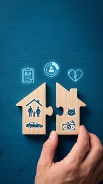 A split wooden house puzzle with legal icons on blue desk, hand adjusting asset division pieces for modern family law consultancy. Divorce document