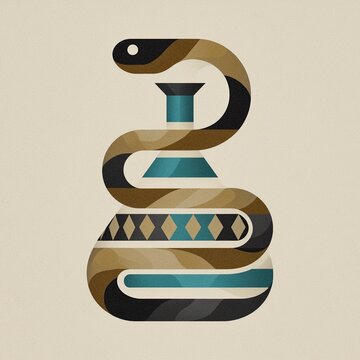 Geometric Flat Design Snake Coiled Around Decorative Potion Bottle with Teal and Gold Palette