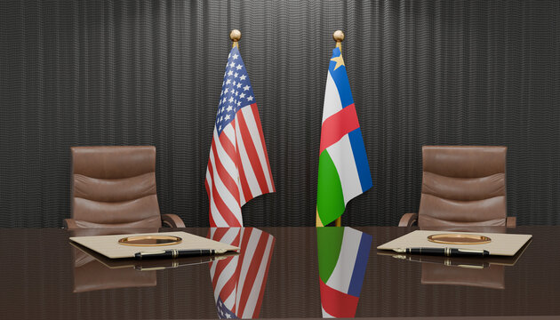 Diplomatic Encounter: Two national flags stand proudly on either side of a polished table, symbolizing a significant international meeting or negotiation.