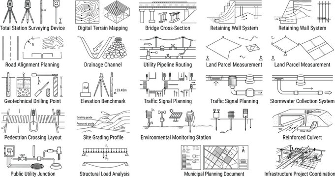 Civil Engineering Infrastructure CAD Blueprint Icons for Surveying Planning and Construction Projects