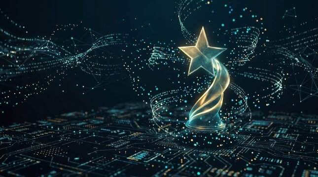 Digital holographic star award on glowing circuit board background, for tech achievement, data innovation, and cybersecurity success recognition