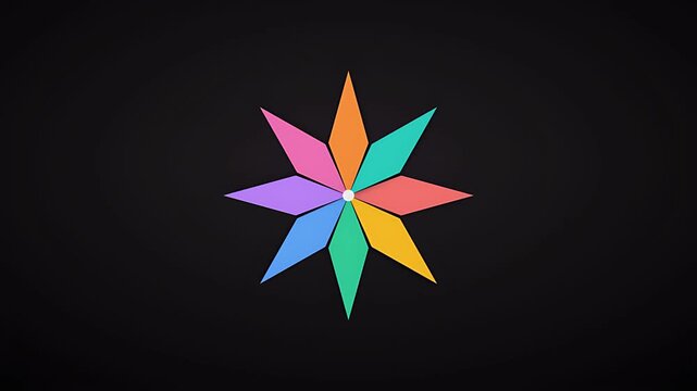 Colorful abstract starburst logo geometric pattern expanding outwards dynamic modern graphic element shining against a solid black backdrop
