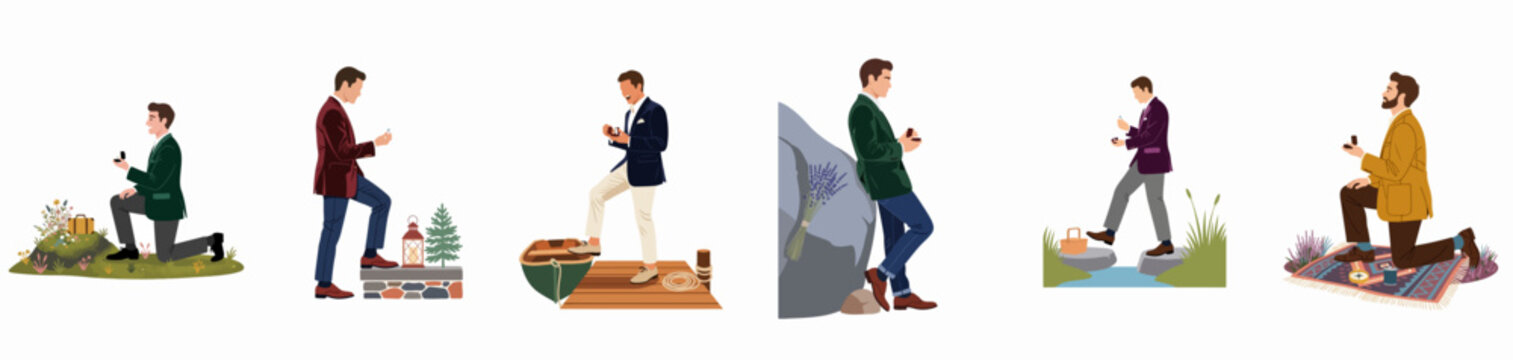Collection of diverse marriage proposal scenes featuring stylish men in various outdoor settings with engagement rings