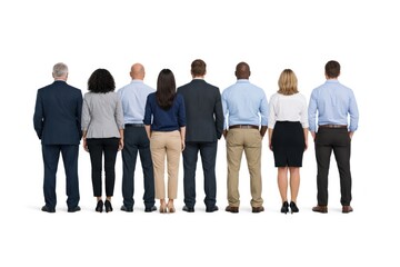 Obraz premium Group of diverse professionals standing in a row, facing away.