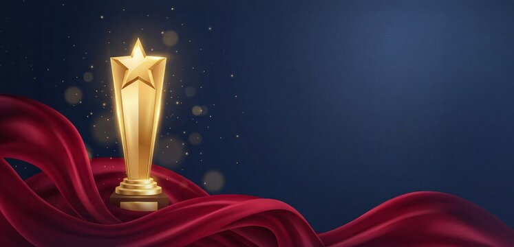 Gold star trophy illustration with elegant red silk drapery and dark blue background, shimmering lights for award ceremonies, achievement recognition