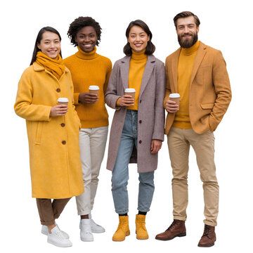 Group of Diverse Happy Friends in Autumn Outfits Holding Takeaway Coffee Cups isolated on transparent or white background, png