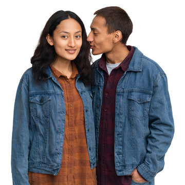 Young Affectionate Asian Couple in Denim Jackets  isolated on transparent or white background, png