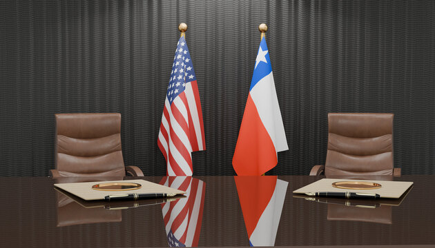 Diplomatic Summit: A formal meeting room set for a summit between the United States and Chile, with national flags and empty chairs symbolizing international relations and diplomacy.