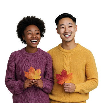 Cheerful Interracial Couple Holding Autumn Maple Leaves isolated on transparent or white background, png