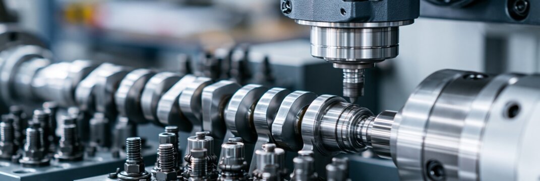 Medium shot of singlestick camshaft grinding capturing the precision shaping of cam lobes on a sleek automated grinding machine in an industrial workshop.
