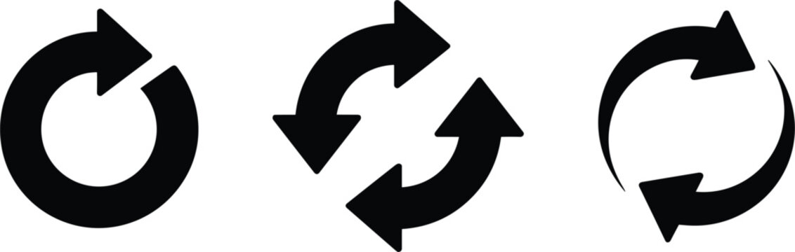 Reset refresh and reload vector icon set, circular rotation update arrows isolated on white background