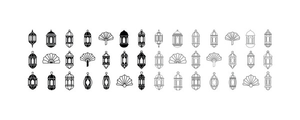 Fototapeta premium Ramadan lantern and ornamental fan icon collection with graphics silhouette celebration decorative traditional
