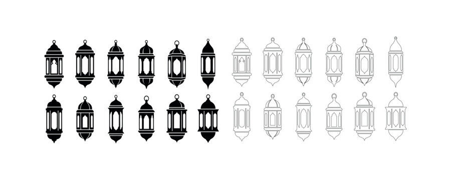Detailed ramadan lantern icons set in monochrome style with graphics silhouette religion celebration lighting