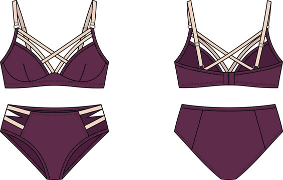 Fashion design technical flat sketch of a women&rsquo;s purple strappy lingerie set with bra and high-waisted briefs