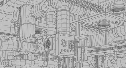 Obraz premium Industrial piping network fills an interior factory space with complex metal ductwork and control machinery in this detailed sketch.