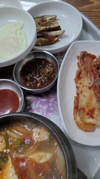 South Korean Food Soft Tofu Stew Set Meal Sundubu Jjigae Jeongsik