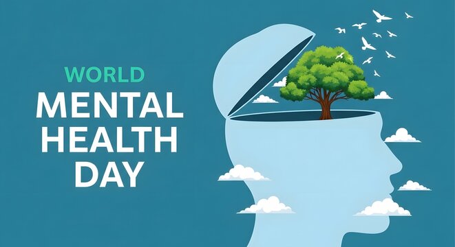 World Mental Health Day concept. Human head with tree inside. Psychology and wellness illustration.