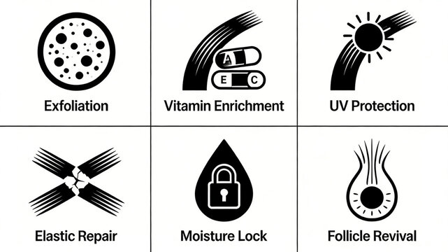 Protective hair care icon set display, metabolizes old dead skin cells to supplement multiple vitamins, locks in water and sun protection to awaken dormant hair follicle vitality
