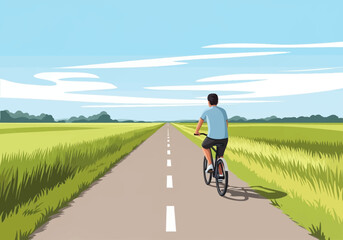 Obraz premium Vector illustration of a man cycling on a long straight asphalt road through grassy rural fields under a blue sky with thin clouds, portraying outdoor recreation and active travel.