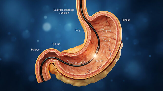Cross-section of human stomach anatomy, labeled