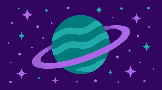 Stylized teal ringed planet in a purple starfield, whimsical cosmic vector illustration with glowing stars, wavy atmospheric bands and dreamy outer space colors for science posters and decor prints