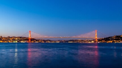 Fototapeta premium Cityscape at dusk, bosphorus bridge illuminated by city lights during twilight, exuding modern charm